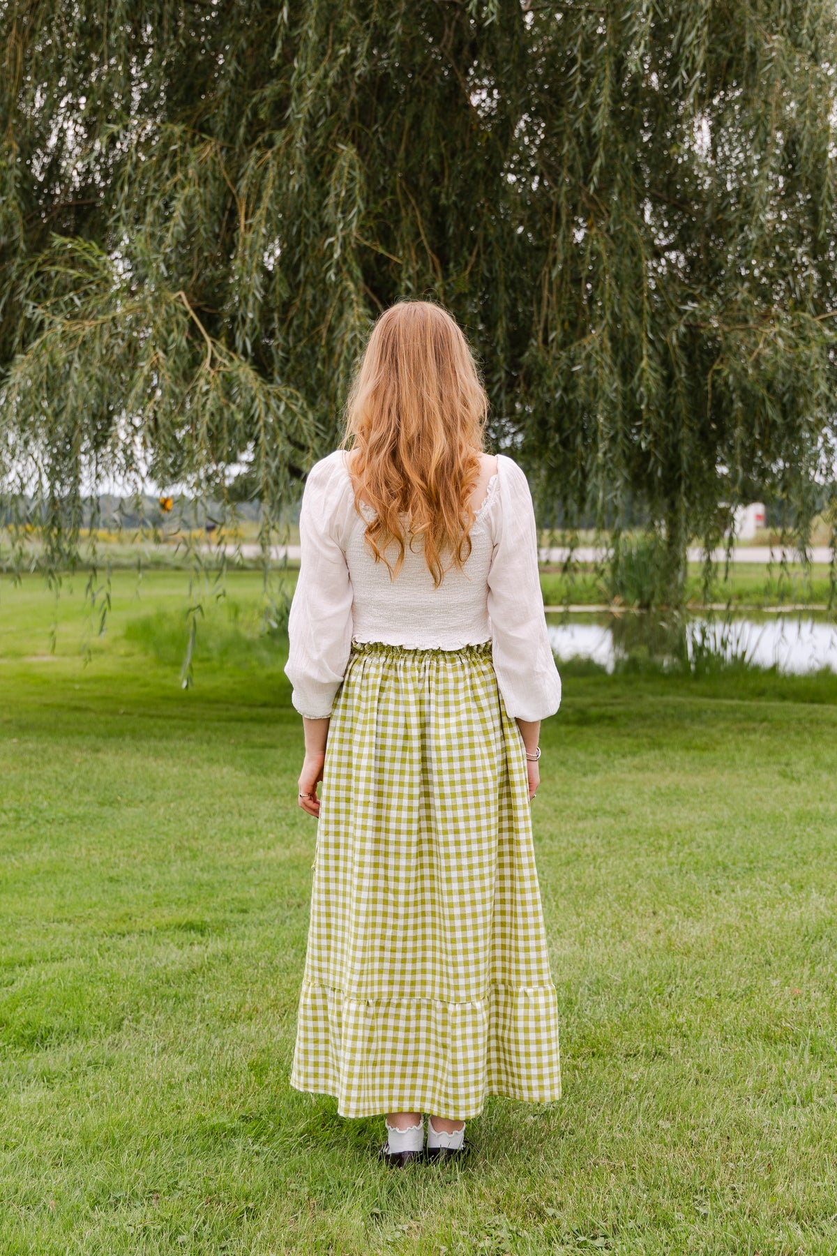 Soleil Maxi Skirt - Size Adjustable - Olive Gingham